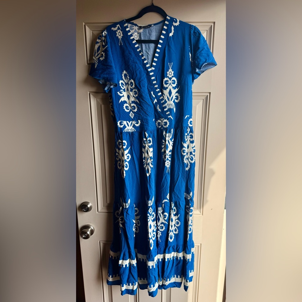 Blue & White Embroidered Maxi Dress
